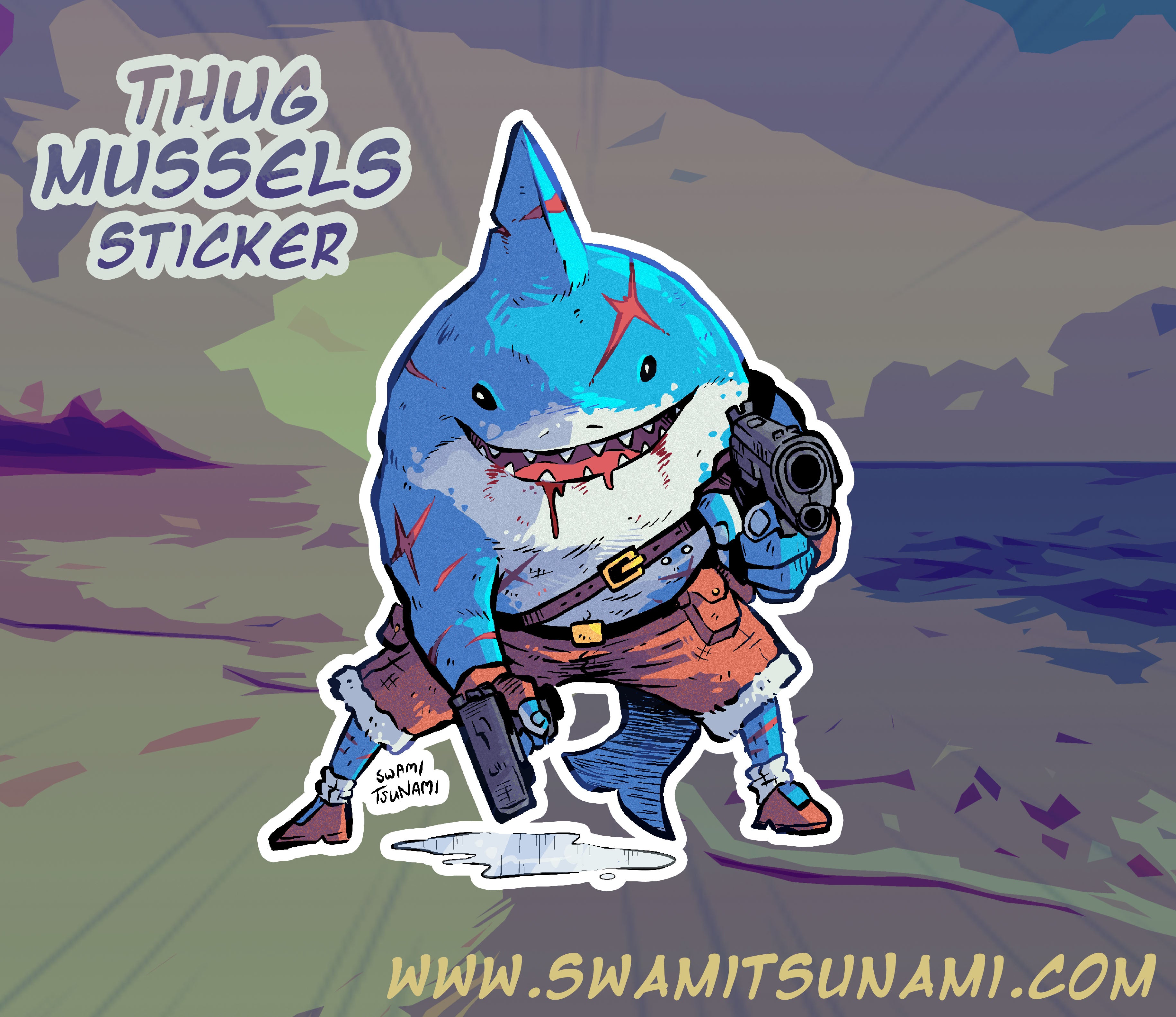 Gun-Wielding Shark, Thug Mussels - Vinyl Sticker