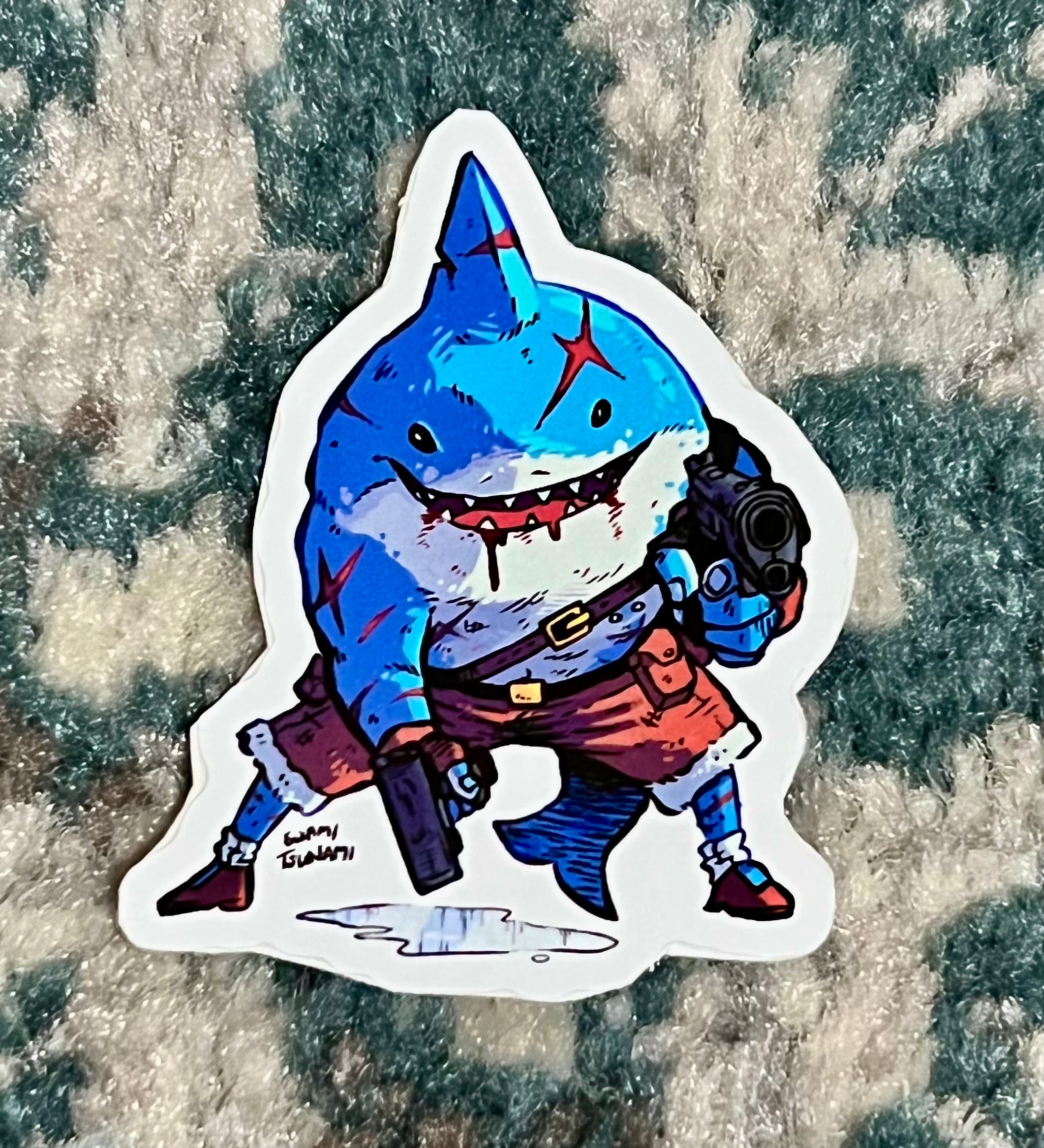 Gun-Wielding Shark, Thug Mussels - Vinyl Sticker